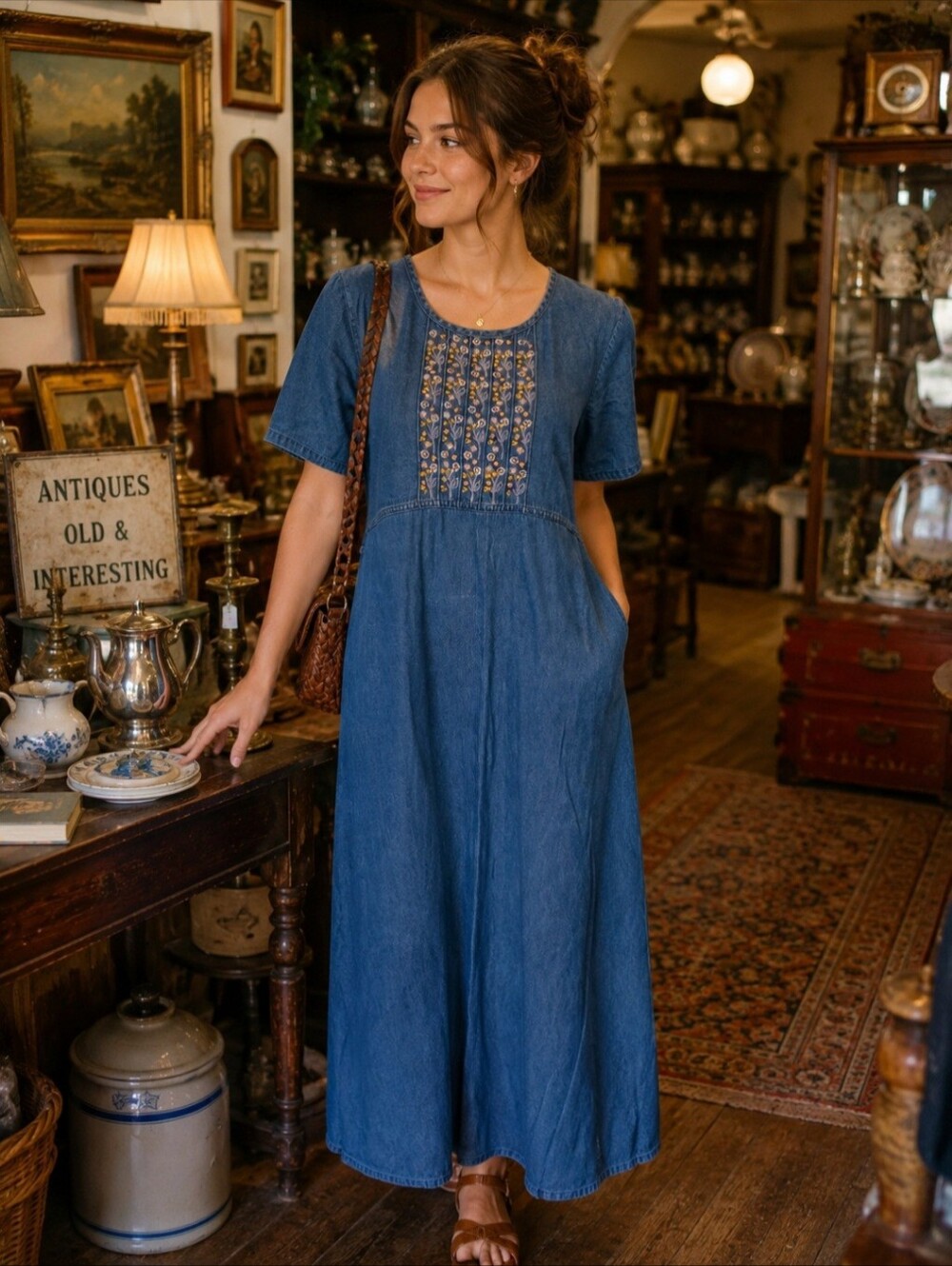 Erika & Co Vintage Size Large Denim Embroidered Maxi Dress Cottage Prairie Farm